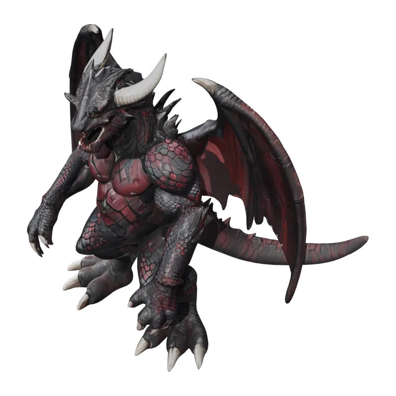 Horned dragon in black and crimson scales, wings spread and clawed feet forward, mid-stride — a 3D model generated by Polyme, rendered on a dark studio backdrop