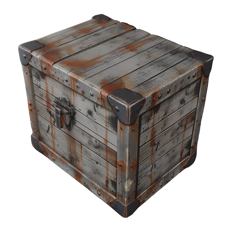 Weathered wooden dungeon crate with iron corner bands and a hinged lid — a 3D model generated by Polyme, rendered on a dark studio backdrop