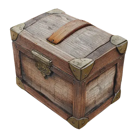 Weathered wooden treasure chest with brass fittings and a domed lid — a 3D model generated by Polyme