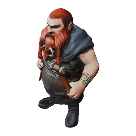 Stout dwarf blacksmith in a leather apron and woollen cloak, braided beard, holding an iron hammer — a 3D model generated by Polyme