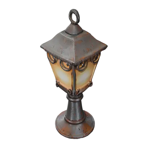 Stylized fantasy street lantern with a wrought-iron cage and warm glass panes — a 3D model generated by Polyme