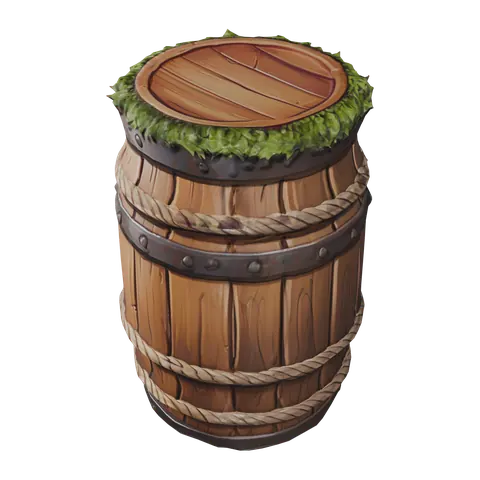 Hand-painted stylized wooden barrel bound with rope and riveted iron bands, moss growing over the lid — a 3D model generated by Polyme
