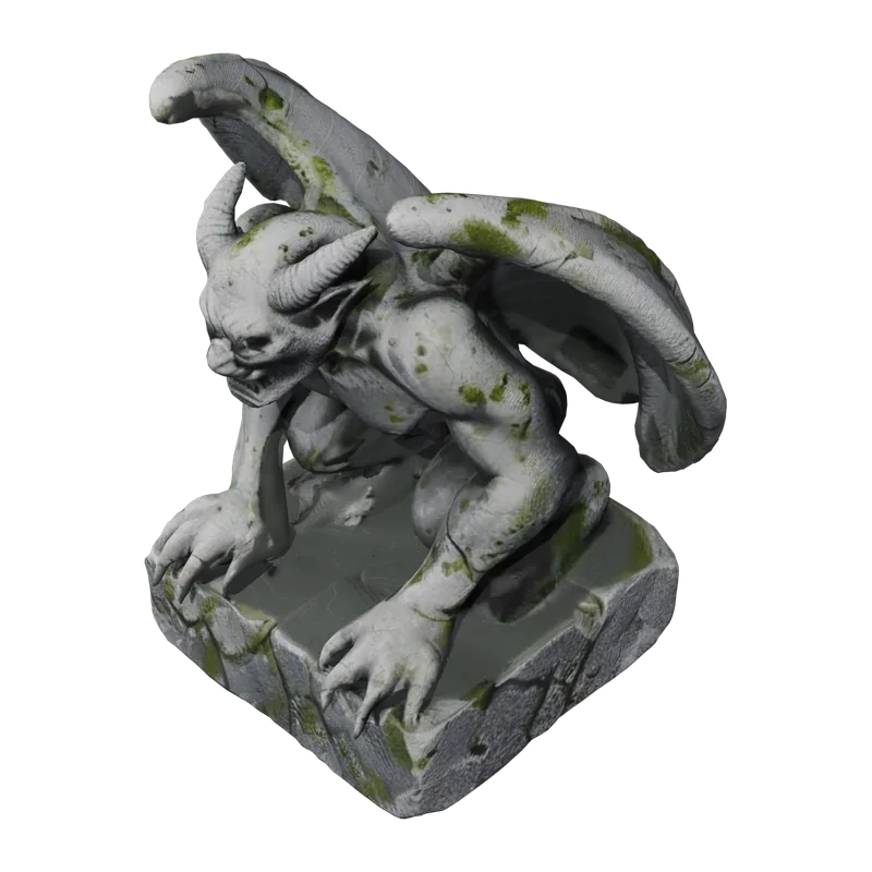 Weathered stone gargoyle crouching on a rough square plinth, horns swept back and thick wings folded against its body, moss creeping over the stone — a 3D model generated by Polyme, rendered on a dark studio backdrop