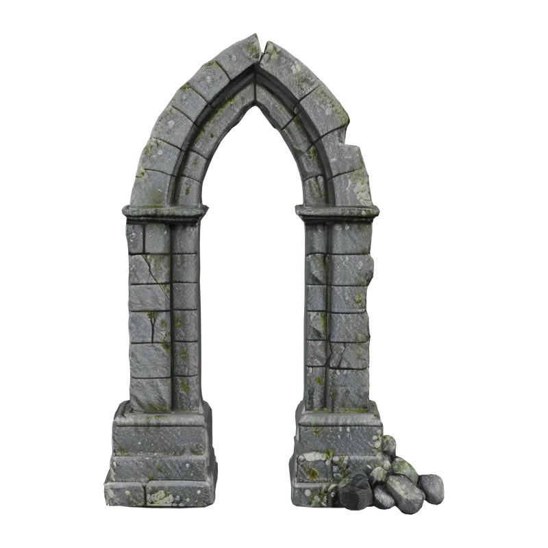 Ruined gothic archway — a pointed arch on two weathered stone columns, with a scatter of fallen blocks at its base — a 3D model generated by Polyme for tabletop terrain, rendered on a dark studio backdrop