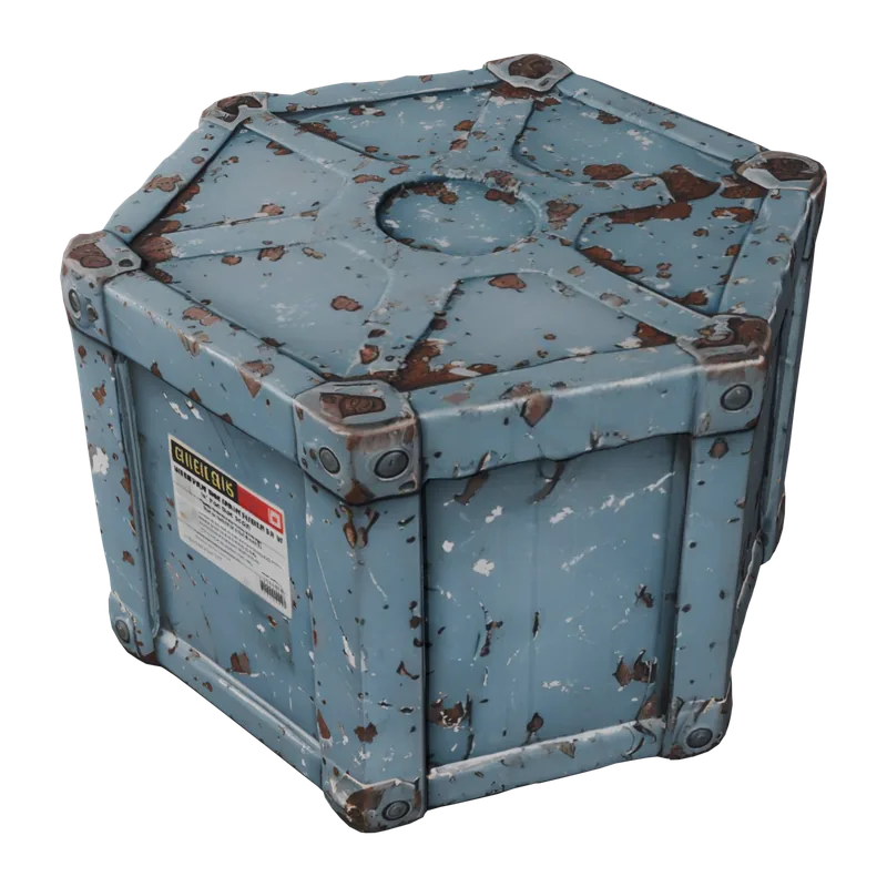 Hexagonal sci-fi supply crate with chipped paint and a stencilled shipping label — a 3D model generated by Polyme, rendered on a dark studio backdrop