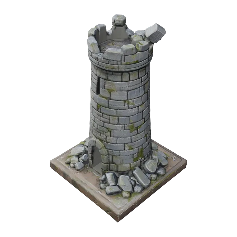 Crumbling stone watchtower ruin on a square terrain base — broken crenellations, an arched doorway and a skirt of fallen blocks — a 3D model generated by Polyme, rendered on a dark studio backdrop
